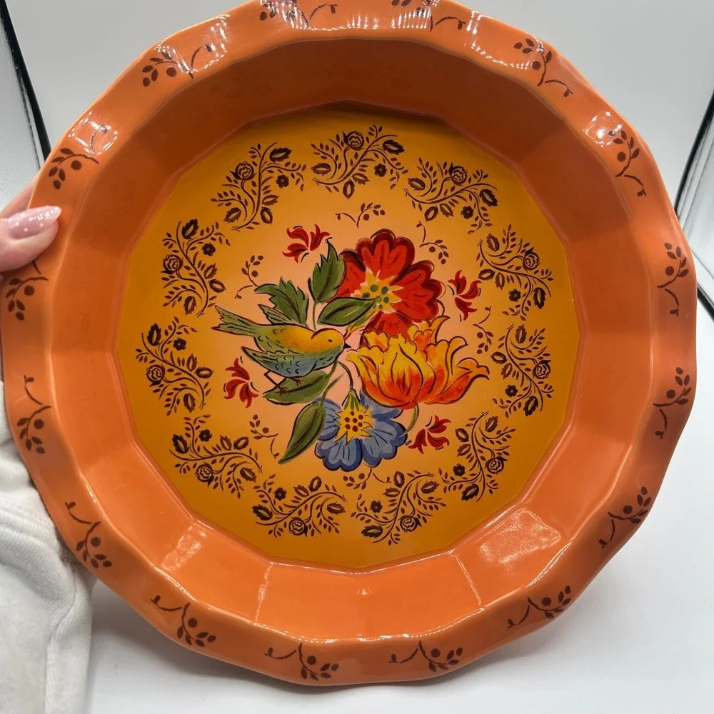 Orange Floral Bird Ceramic Scalloped Pie Plate Posy Dish Folk Art Style 10.5 In.